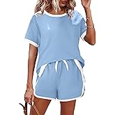 AKEWEI Shorts Sets Women 2 Piece Outfits Casual Short Sleeve Crewneck Tops and Drawstring Shorts Color Block Sets