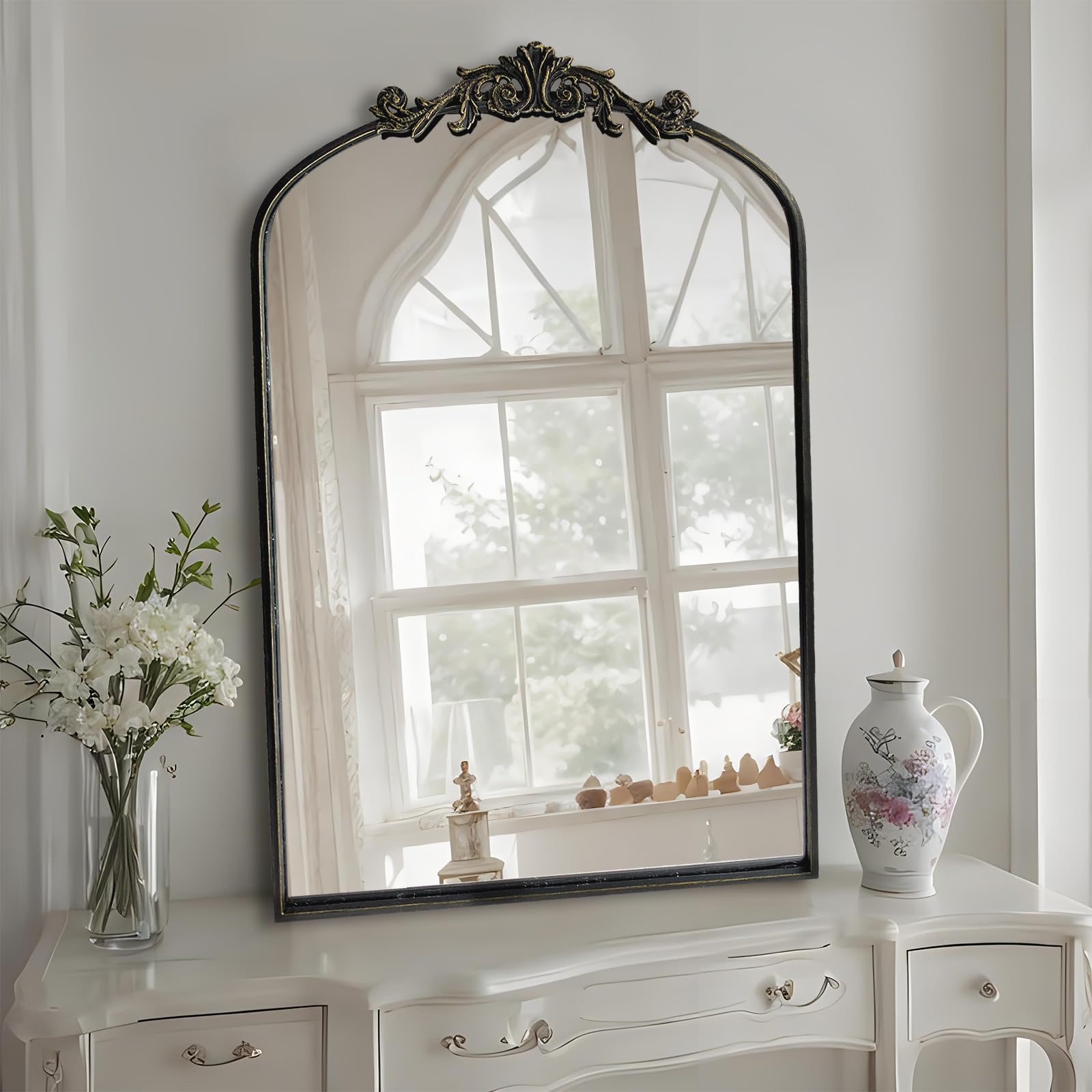 HQiJun Wall Mirror Window Decorative Traditional Mirrors Antique Arched Farmhouse for Living Room Bedroom Entryway Bathroom Vanity (36 * 24 * 1.2, Black)