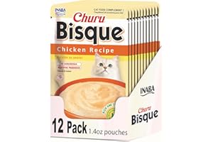 INABA Churu Bisque for Cats, Creamy Lickable Purée Side Dish with Vitamin E, 1.4 Ounces per Pouch, 12 Pouches, Chicken Recipe