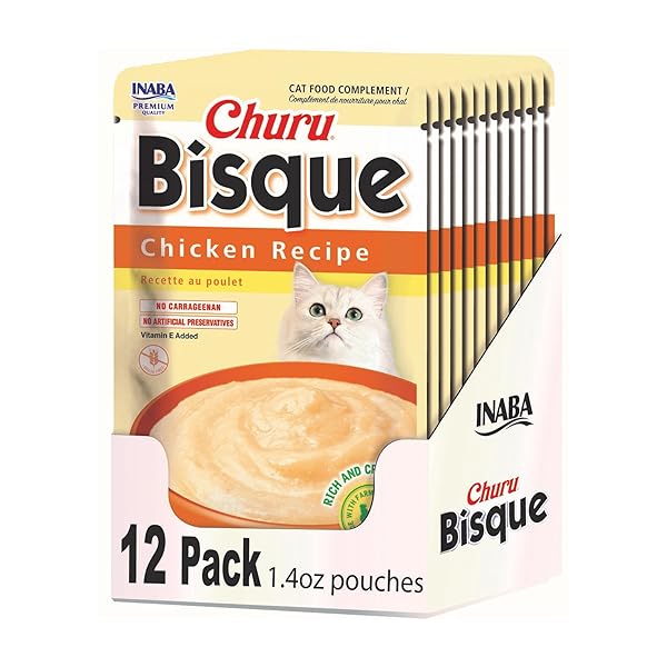 INABA CHURU BISQUE FOR CATS, CREAMY LICKABLE PURÉE SIDE DISH WITH VITAMIN E, 1.4 OUNCES PER POUCH, 12 POUCHES, CHICKEN RECIPE