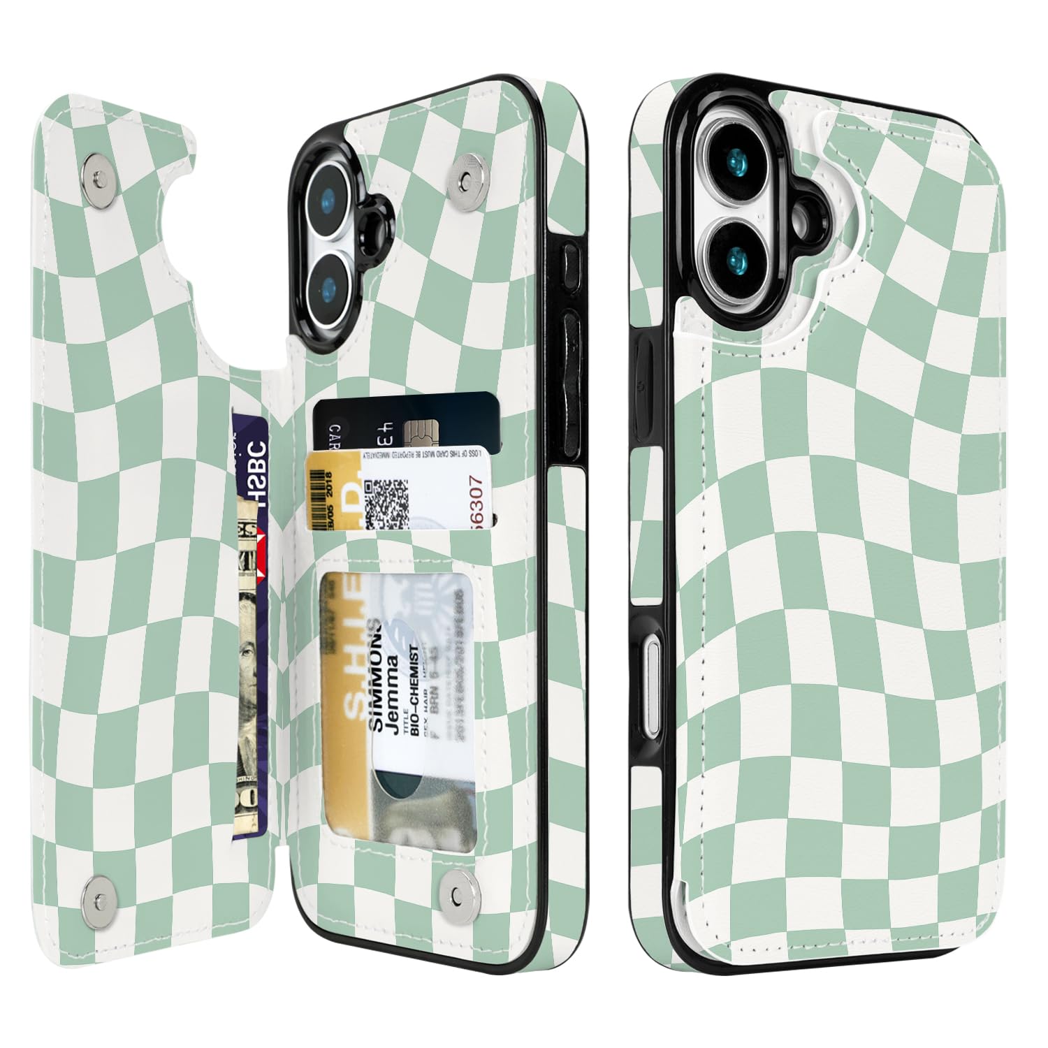 Obbii Compatible with iPhone 17 Case Wallet with Card Holder, Flip PU Leather Built-in Card Slots, Kickstand and Shockproof Case for iPhone 17 6.3 inch Women Girls (Green Checkerboard)