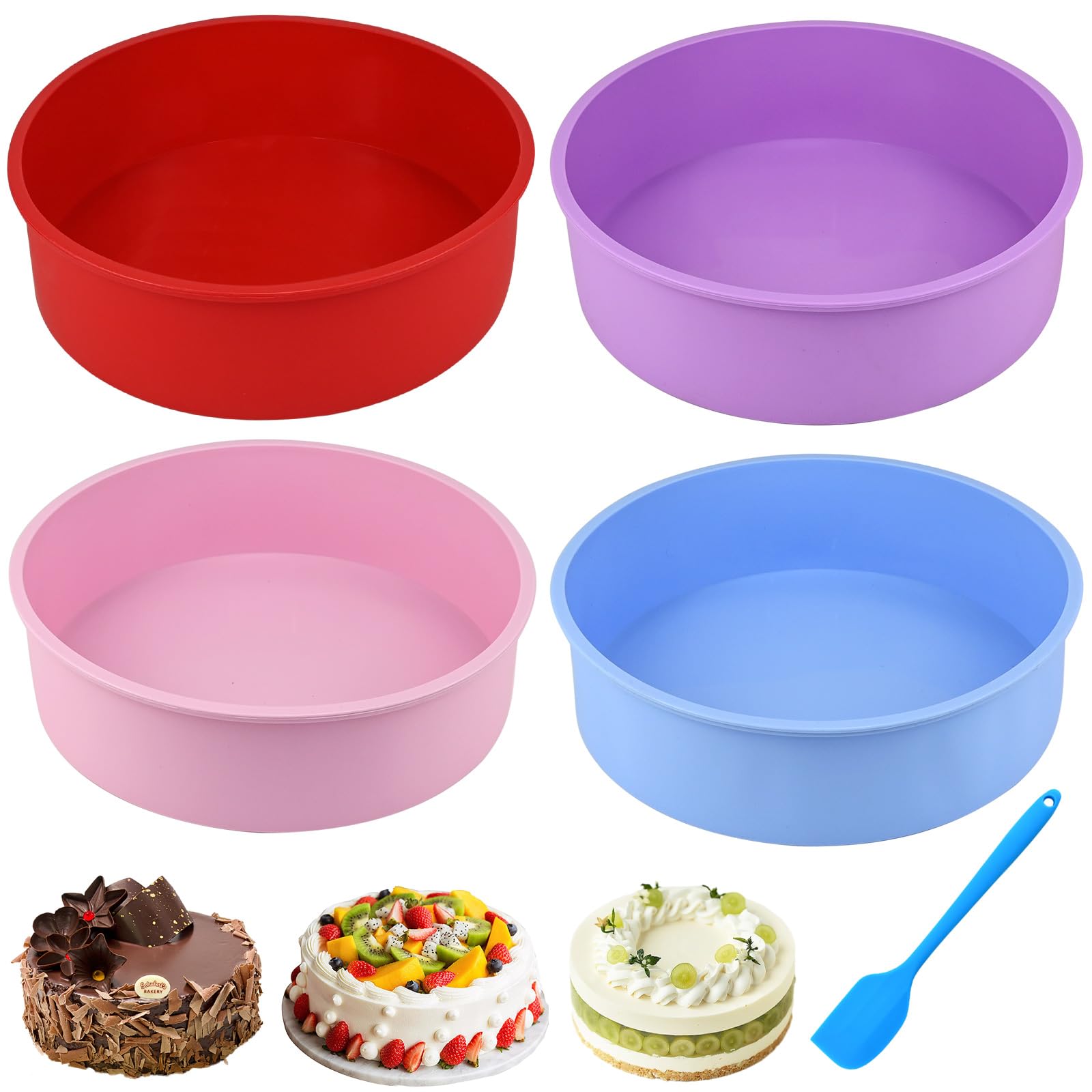 RAINPOP 4-Piece 8 Inch Silicone Tins for Baking, 20CM Round Silicone Cake Mold Pan, Non-Stick & Quick Release, Ideal for Layer, Cheese & Rainbow Cakes
