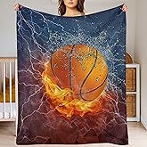 Basketball Blanket 3D Print Throw Blanket White Ball in Fire and Water Soft Blankets Baseball Gifts for Kids Boys All Season Couch Bed Sofa Home Decor (Basketball,60"×50")