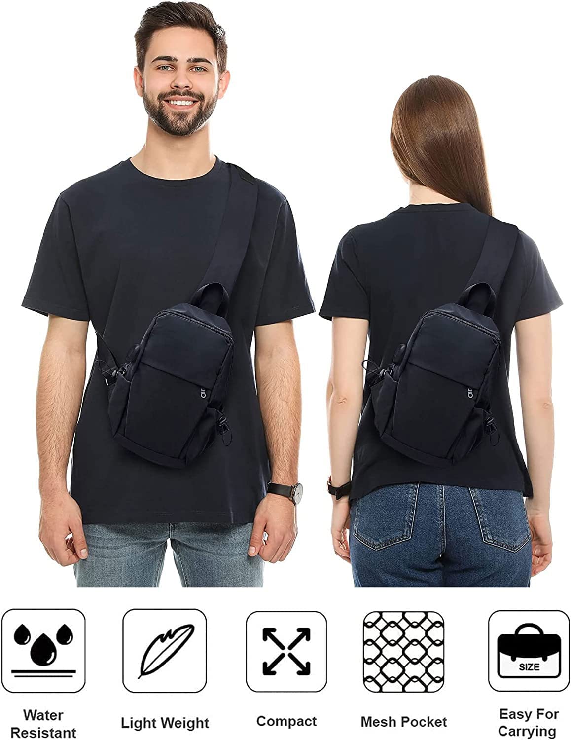Small Black Sling Crossbody Backpack Shoulder Bag for Men Women, Lightweight One Strap Back Pack Sling Bag Backpack for Hiking Walking Biking Travel Cycling USB Charger Port-Nylon