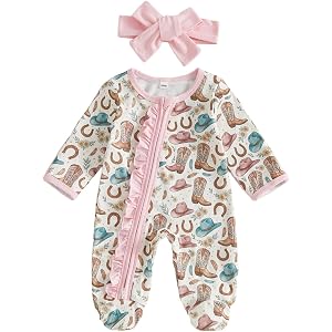 Kupretty Newborn Baby Girl Footies Ruffle Zipper Footed Romper | Coming Home Outfit, Long Sleeve Footed Jumpsuit, Western Flo