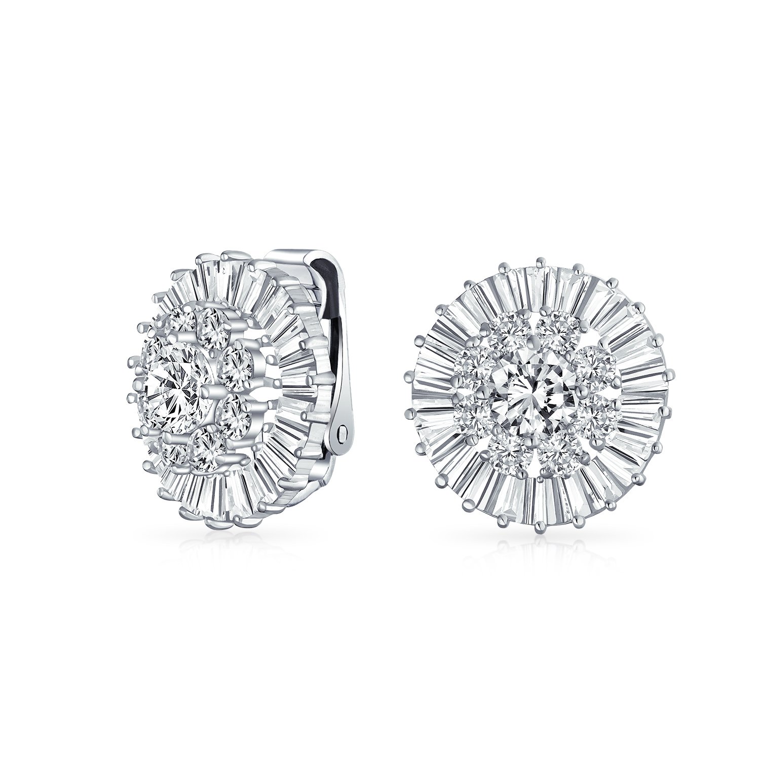 Bridal Wedding CZ Pave Round Cubic Zirconia Clip On Earrings For Women Non Pierced Ears Silver Plated Brass