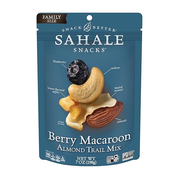 SAHALE SNACKS BERRY MACAROON ALMOND TRAIL MIX, 7 OZ POUCHES (1 PACK) – DRY-ROASTED DELUXE MIXED NUTS – COCONUT, BLUEBERRIES & APPLES – NON-GMO, KOSHER TRAIL MIX & CERTIFIED GLUTEN-FREE SNACKS