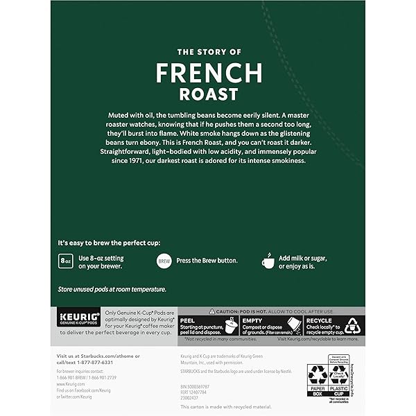 STARBUCKS K-CUP COFFEE PODS, DARK ROAST COFFEE, FRENCH ROAST FOR KEURIG BREWERS, 100% ARABICA, 1 BOX (22 PODS)