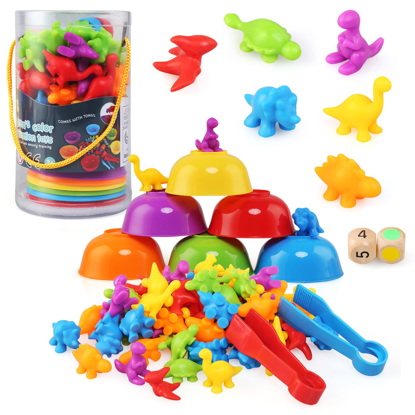 LEADSTAR Montessori Counting Toys,58pcs Rainbow Counting Dinosaurs Set with Matching Bowl Dices and Tweezers,Montessori Sorting Toys Perfect Math Skills Games Educational Toys for 3 4 5 Years Old