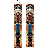 Saoplasa 2PCS Day of the Dead Porch Banners 71x12 Inch Skeleton Couple Vertical Door Decorations, Colorful Dia de Los Muertos Halloween Hanging Signs for Front Porch Outdoor Party Decor
