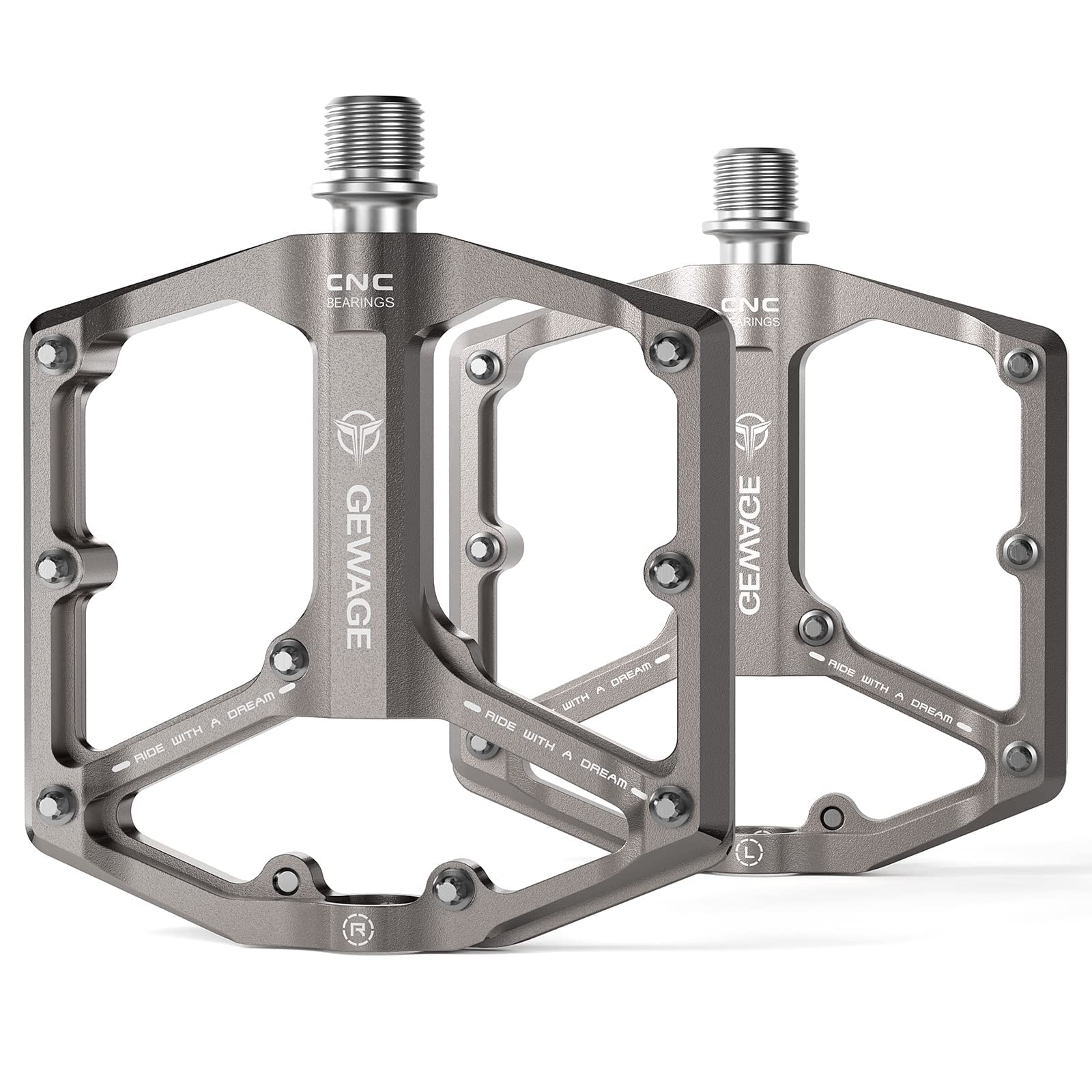 GEWAGE Road/Mountain Bike Pedals - 3 Bearings Bicycle Pedals - 9/16” CNC Machined Flat Pedals with Removable Anti-Skid Nails (Sliver)