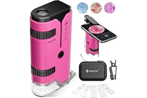 TENCCO 100x-250x Mini Pocket Microscope for Kids Adults, Protable Handheld Microscope with 5 Microscope Slides, Phone Adapter, Miniscope Portable Microscope Kit for Kids Adults Science Lab Education, Pink