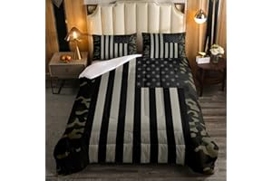 EROSEBRIDAL American Flag Comforter Set Queen Military Camo Down Comforter,Retro Army Green Camouflage USA Flag Bedding Set For Kids Boys Teens Men Bedroom,Black Grey Stars Stripes Quilt Duvet Set 2 Pillow Cases