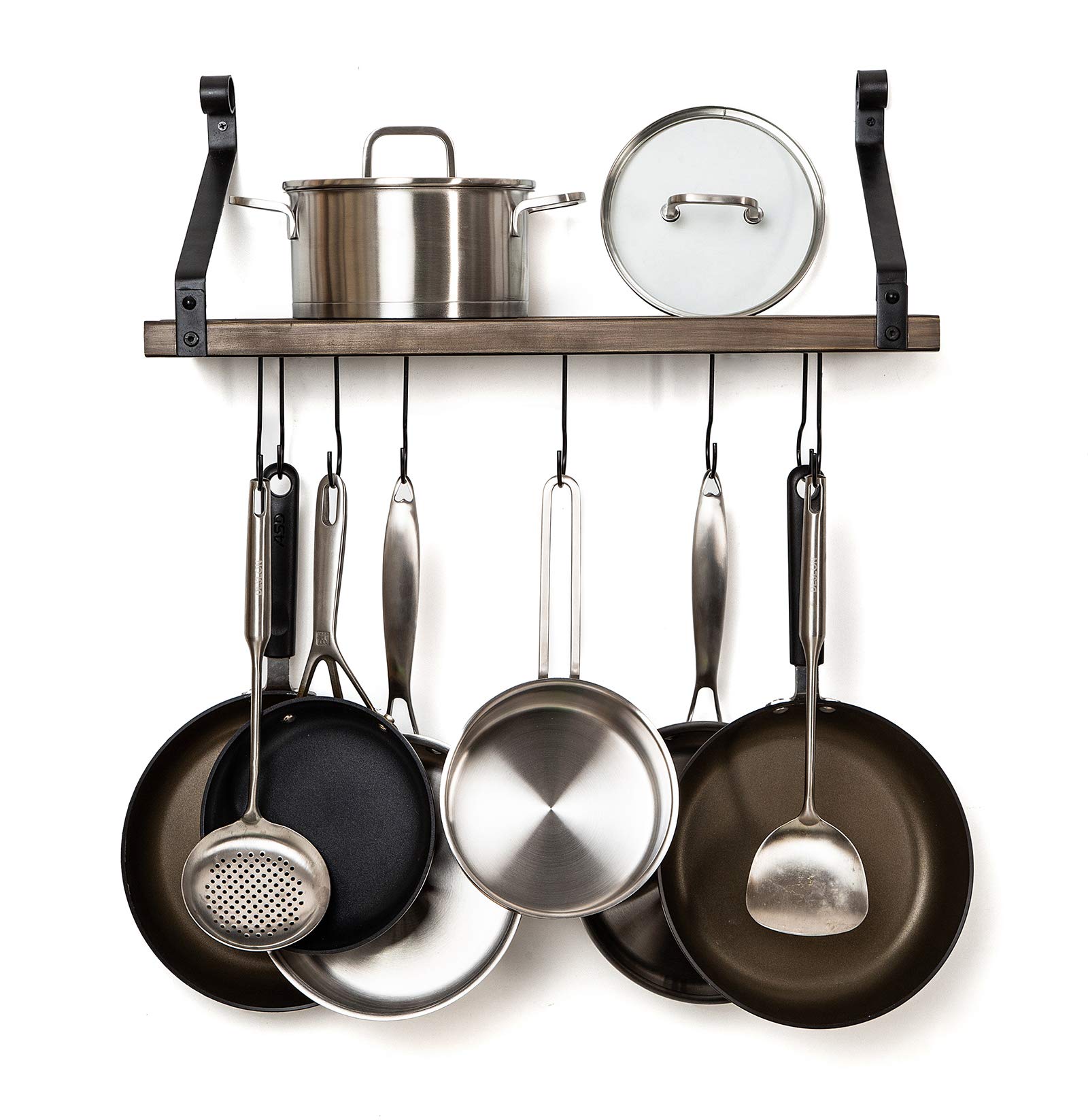 Soduku Pot Pan Rack with Solid Wood Shelf, Wall Mounted Multifunctional Kitchen Hanging Organizer with 8 Hooks for Pots Pans Lids Utensils Cookware Brown Length of Wooden Track: 25.20 inch ; Width of Wooden Shelf : 8.30 inch ; Max Load: 50 pound