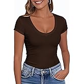 PALINDA Women's V Neck Fitted Shirts Basic Casual Stretchy T Shirt Short Sleeve Summer Tops