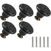 Zernmiarder Ceramic Cabinet Knobs, Embossed Floral Design - Black, 10pcs | Vintage Flower Knobs - Antique Drawer Pulls with Screws for Dresser, Closet, Cupboard, and Home DIY Project