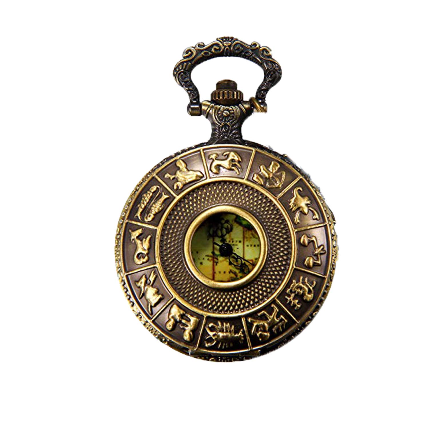 JewelryWe Bronze 12 Constellation Cover Map Antique Pocket Watch Pendant with 32 Inch Necklace