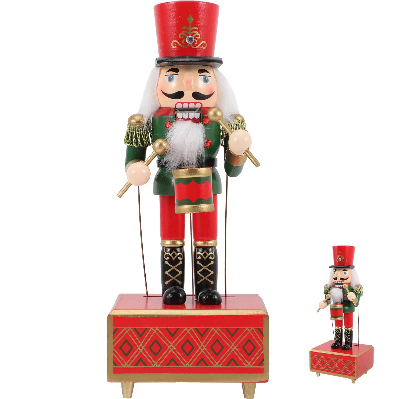 Cabilock 12 Inch Nutcracker Music Box, Wooden Drummer Nutcracker Soldier Figurines, Wind up Clockwork Christmas Music Box Handmade Nutcracker Christmas Decorations for Home Decor Ornaments