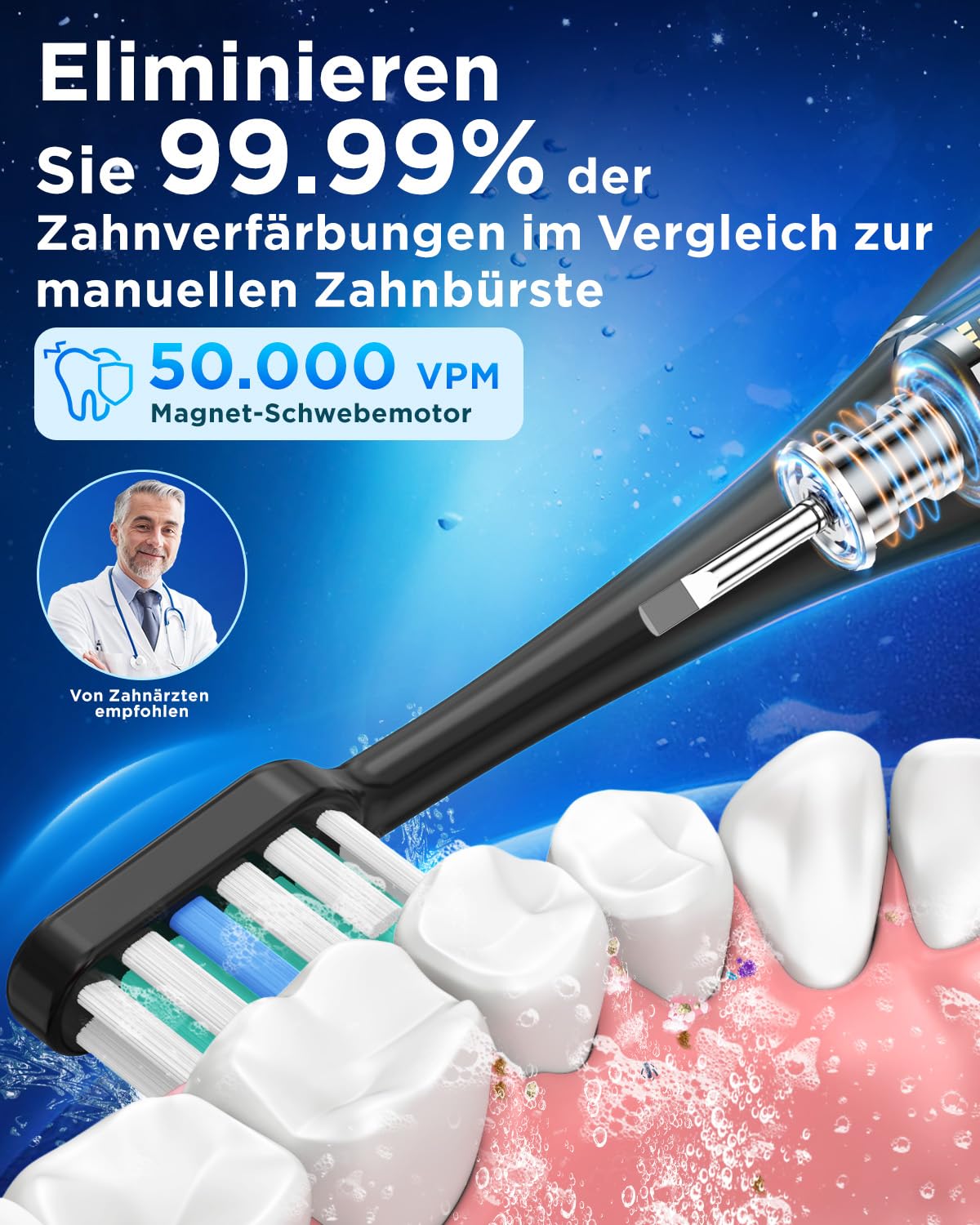 YTEATH PRO Elektrische Zahnbürste, Schallzahnbürste für Erwachsene und Kinder Electric Toothbrush mit 8 Bürstenköpfen und Timer, 5 Putzmodi, Reiseetui, 120 Tagen Akkulaufzeit, 50,000vpm, Black 2