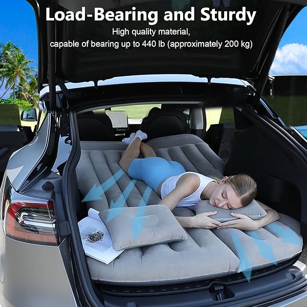 HANDZEE CAR AIR MATTRESS, INFLATABLE BED COMPATIBLE WITH TESLA MODEL Y, THICKENED COMFORTABLE DURABLE, FOLDABLE MATTRESS FOR TRUNK/REAR SEAT, AIR BED FOR SLEEPING CAMPING TRAVEL (GREY)