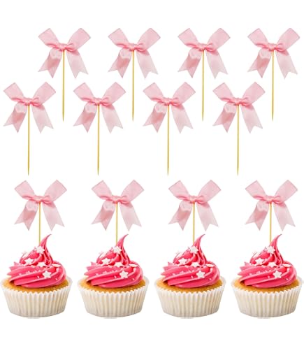 12 Décorations Cupcakes Nœud Rose – Toppers à Double Couche Avec Perles – Pour Anniversaire, Mariage, Fête Prénatale