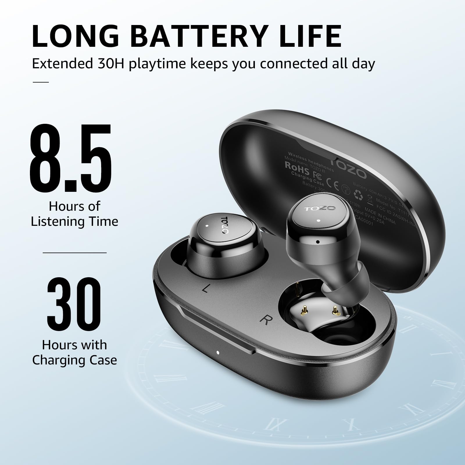 TOZO E1 Wireless Earbuds Build in Mic Clear Calls Ergonomic Light Weight Bluetooth 5.3 in Ear Headphones IPX6 Waterproof Premium Stereo Sound Ear Buds 30H Playtime with 32 EQs via APP, Black - Image 3