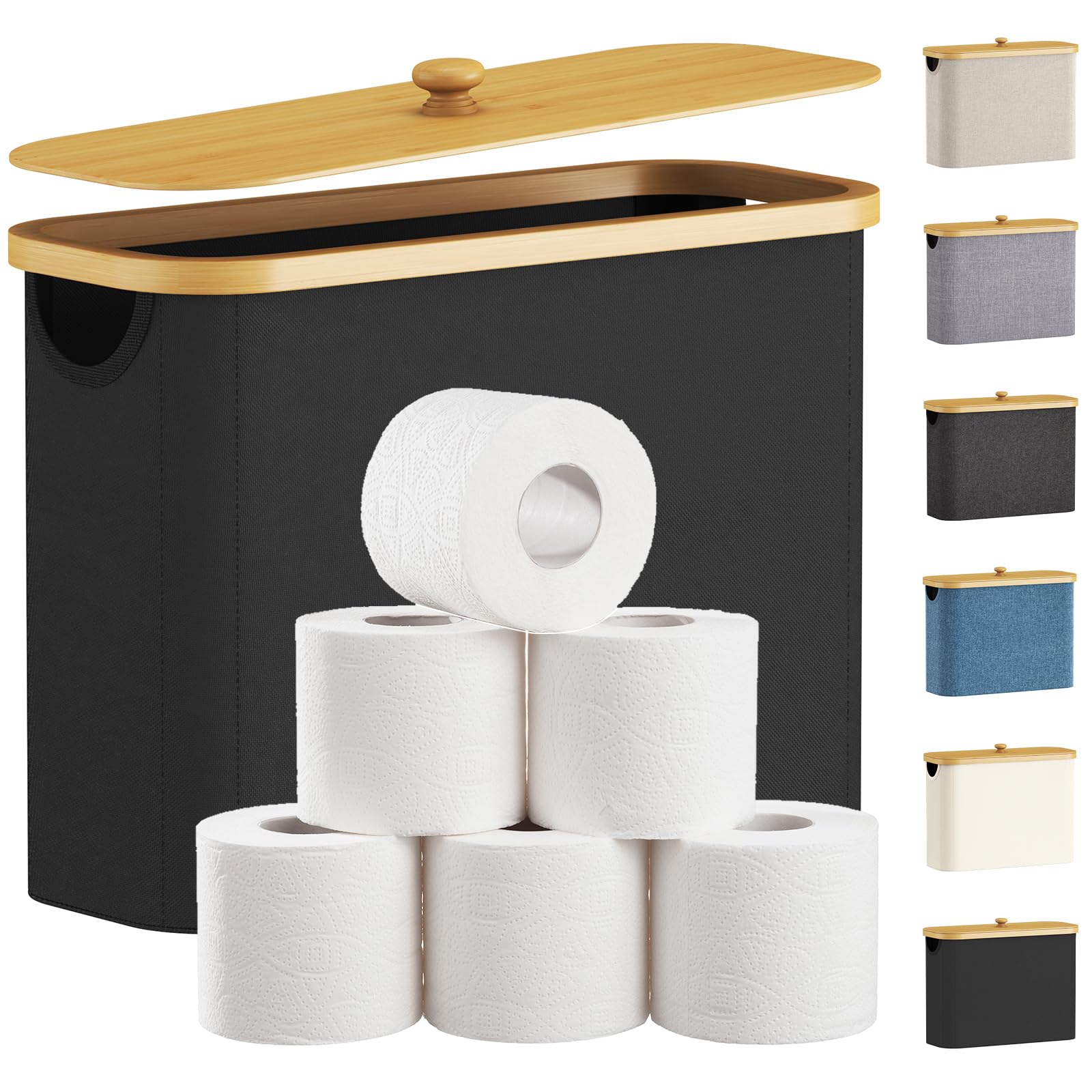 Lifewit Toilet Roll Storage, Bathroom Storage Box Holder Stand with Lid, Bamboo Multifunctional Toilet Paper Basket Cabinet with Handle, Black, 23L