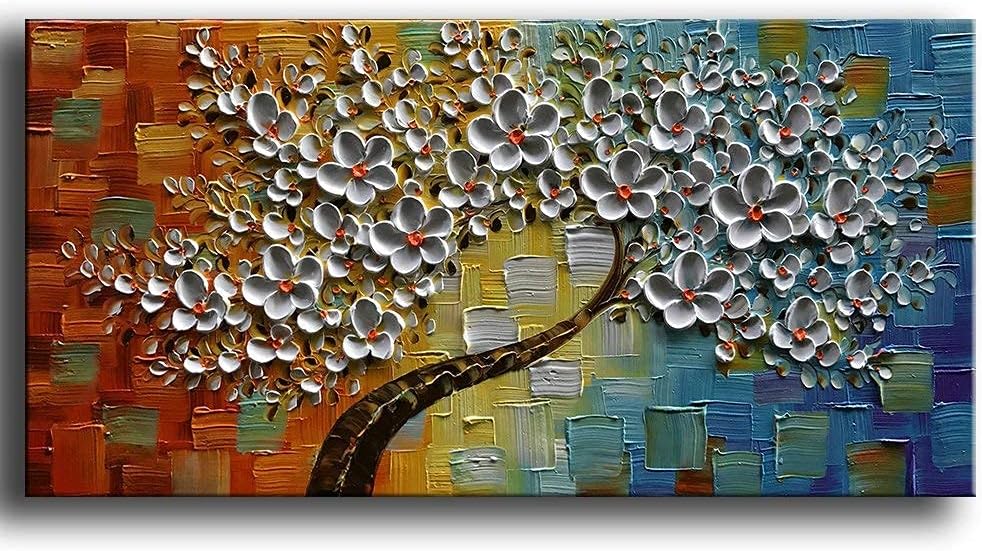 Paintings - YaSheng Art -100% hand-painted Contemporary Art Oil Painting On Canvas Texture Palette Knife Tree Paintings Modern Home Decor Wall Art 3D Flowers Paintings Ready to hang 20x40inch