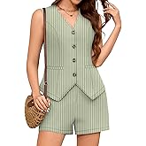 LOMON 2 Piece Sets for Women Summer Outfits Sleeveless Matching Sets V Neck Button Down Vest Linen Shorts Set with Pockets