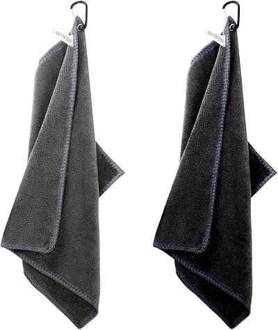 AWAVM 2 Pcs Golf Towels Microfiber Carabiner Black Gray 90g Absorbent