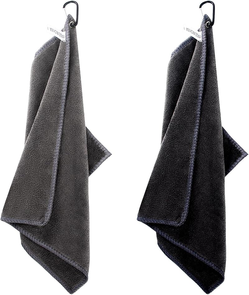 AWAVM 2 Pcs Golf Towels Microfiber Carabiner Black Gray 90g Absorbent