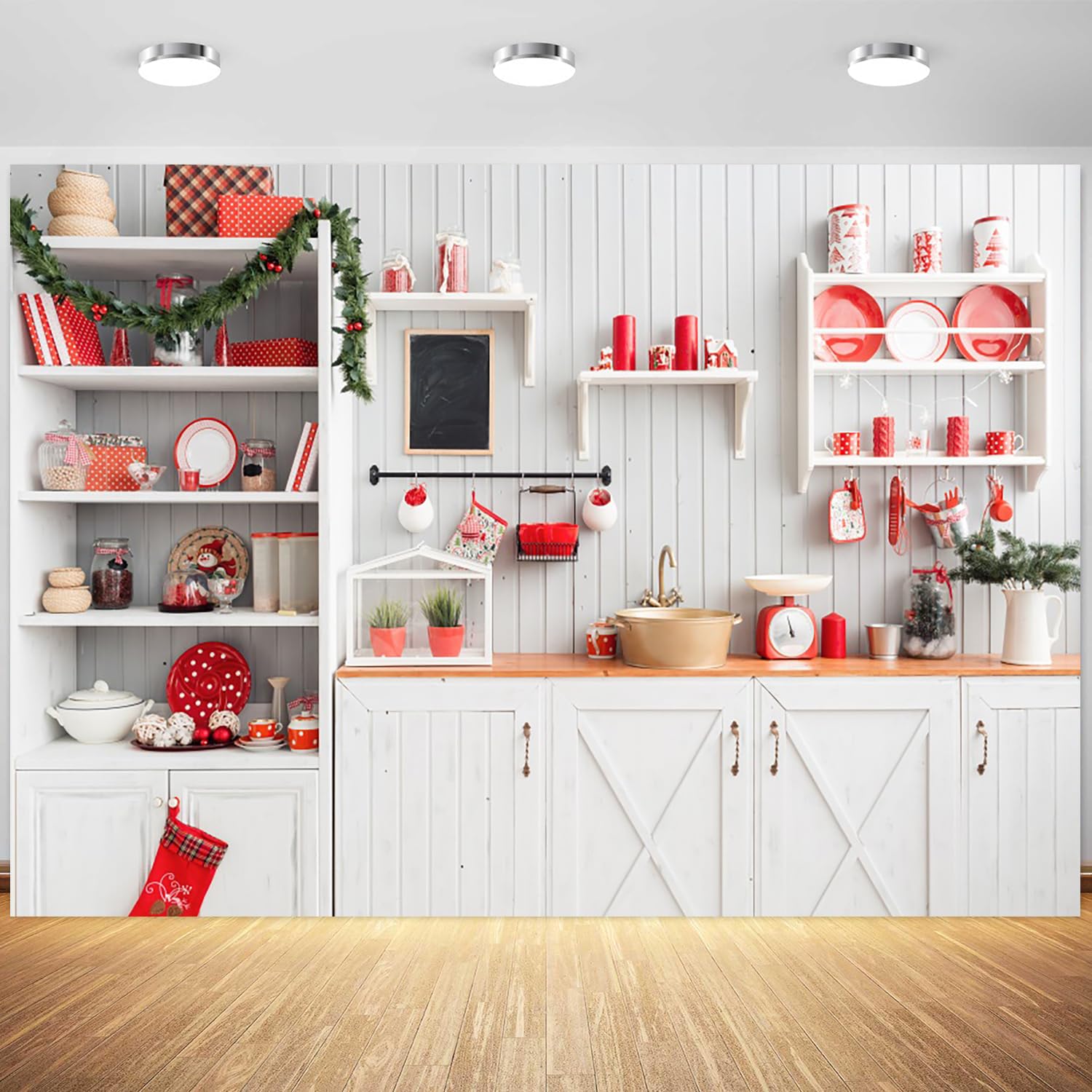 Photo 1 of 10x8ft Christmas Kitchen Backdrop Retro Wood House Indoor Photography Background Xmas Eve Family Party Interior Decorations Wallpaper Supplies Photo Booth Props