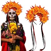 mdgfge Women's Mexican Day of the Dead Fall Headband with Orange Rose Floral Flower Crown Headpiece for Halloween Party Supplies