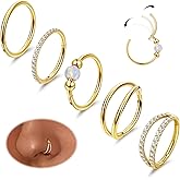 LOREMOW 5PCS 18G Clicker Nose Ring Hoops for Women Men Hinged Double Cartilage Nose Hoop Surgical Steel Tragus Helix Rook Opal CZ Septum Lip Ring Hoop Earrings Nose Piercing Jewelry 8-10MM