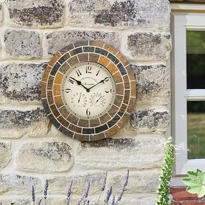 Garden Mile 34cm Stone Slate Outdoor Clock & Thermometer Waterproof