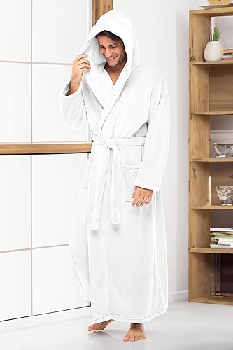 Fleece Robe Mens White Hooded Dressing Gown Alexander Del Rossa