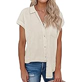 siliteelon Linen Shirts for Women Button Down Shirts Short Sleeve Cotton Collared V Neck Solid Casual Blouses with Pocket