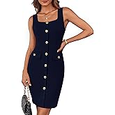 GRACE KARIN 2025 Women's Buttons Belted Square Neck Business Work Dress Sleeveless Bodycon Midi Dress