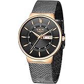 LIGE Stainless Steel Watches for Men Waterproof Wrist Analog Dress Vintage Work Casual 3ATM Water Resistant Quartz with Date Display Mesh Strap Thin Minimalist Analog Design Mens Watch,Gold Black