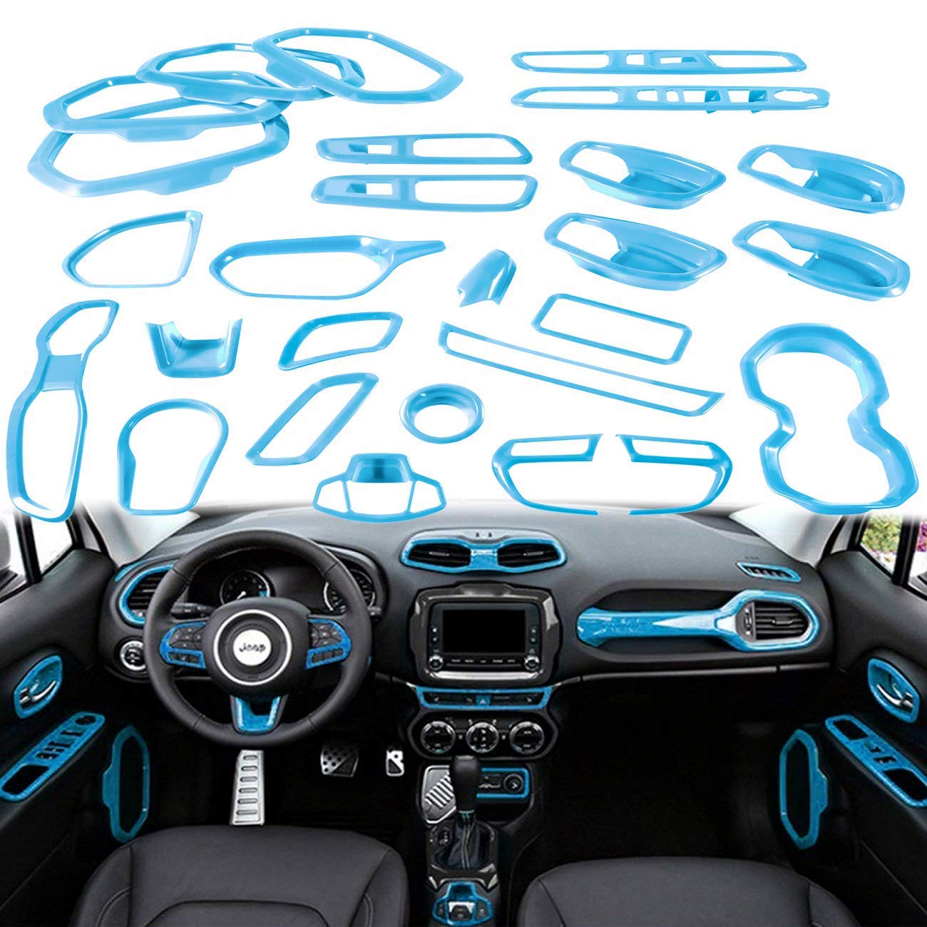 Yoursme Light Bule Car Interior Accessories Decoration Cover Trim Kit 31PCS Air Conditioning Vent & Door Speaker & Water Cup Holder & Passenger Side Grab Handle Covers for Jeep Renegade 2015-2018