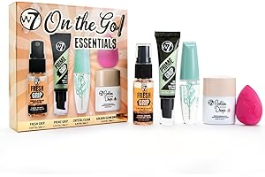 W7 On the Go Essentials Gift Set – Mini Makeup Must-Haves with Primer, Setting Spray, Mascara, Golden Glow Bronzing Drops & Beauty Sponge – Travel or Handbag Size Essentials