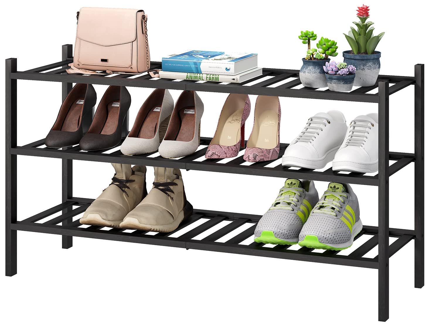 Photo 1 of viewcare 3-Tier Long Black Shoe Rack, Bamboo Wood Shoe Rack for Closet, Entryway & Hallway, Stackable | Functional | Sturdy