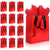 Ethhqu 12 Pack Reusable Red Gift Bags with Handles, Medium Size 10x4x8 Inches - Includes 24 Tissue Papers for Birthday Party, Wedding, Baby Shower, Christmas & Holiday Gifts (Red Gift Bag, 12Pcs)