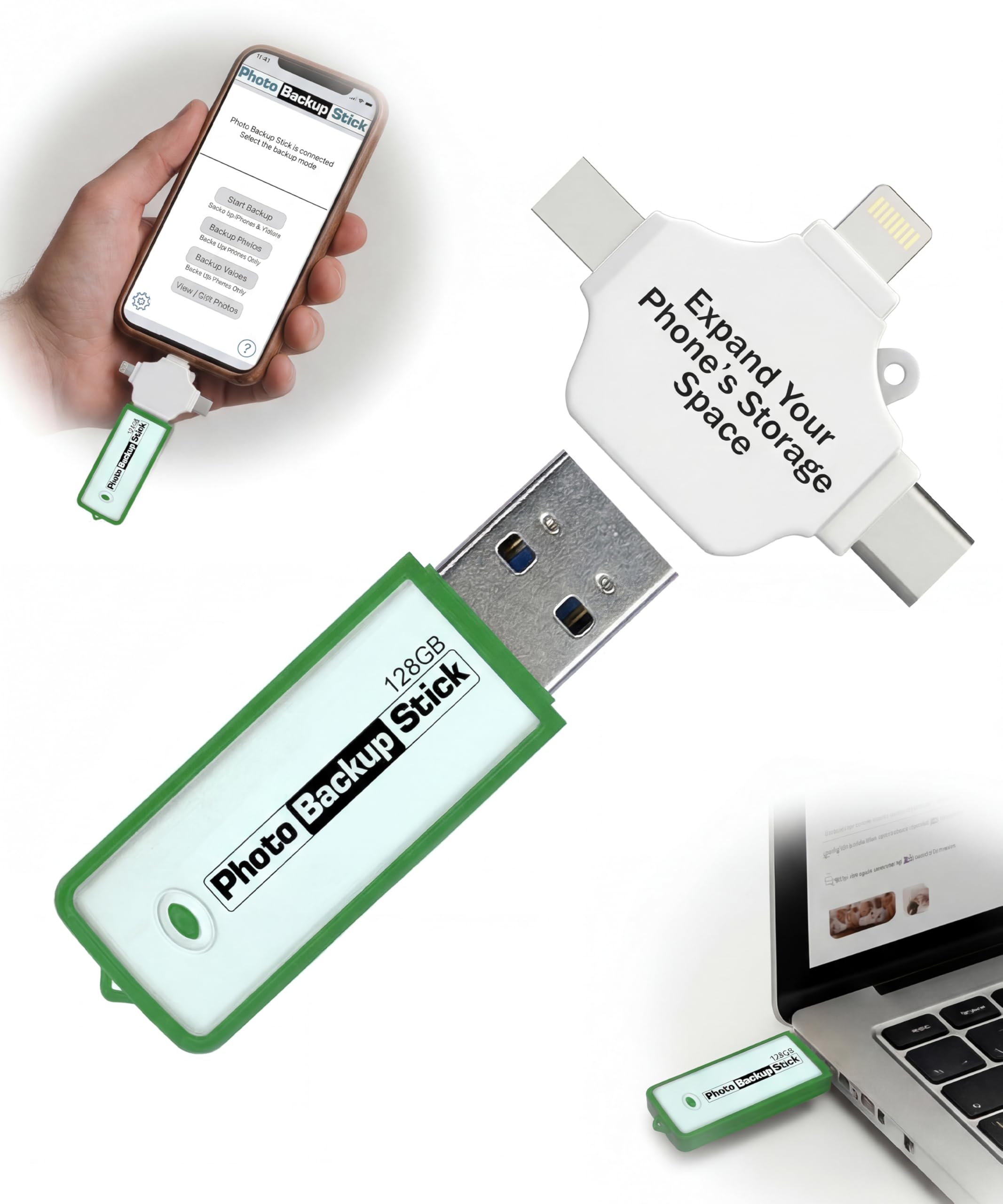 Photo Backup Stick Universal Picture and Video Backup for Any Device - iPhone, Android, Computer, Tablets (128GB)