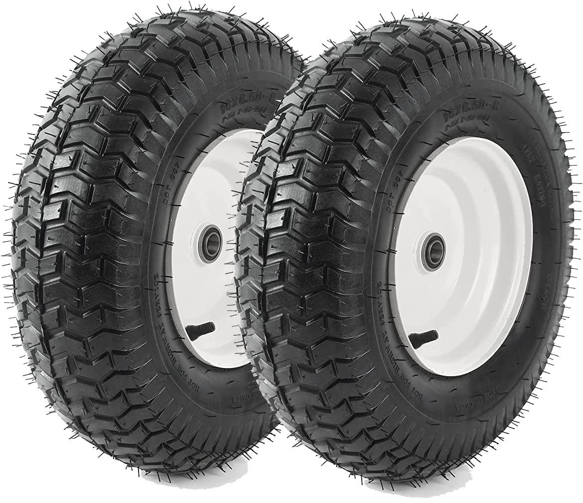 Photo 1 of (2-Pack) 16x6.50-8 Tubeless Tires on Rim - Universal Lawn Mower and Garden Tractor Trailer Wheels - With Chevron Turf Treads - 3" Offset Hub, 3/4" and 5/8" Bearings - 4 Ply with 615 lbs Load Capacity