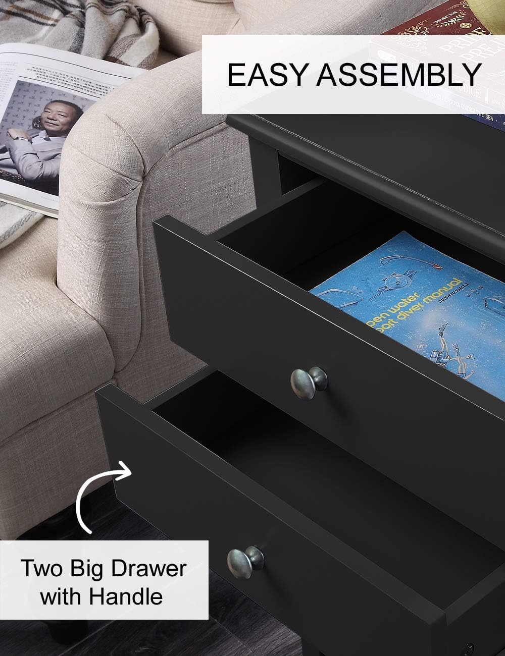Linio-home Black Nightstand, Bedroom Nightstands with Drawers, Small End Table, Bed Side Table with 2 Drawers, Bedside Table Accent Table, Black: Kitchen & Dining