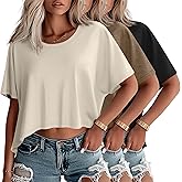 Huukeay 3 Pack Women's Oversized Cropped T Shirts Short Sleeve Loose Summer Crop Tops Casual Crewneck Irregular Hem Baggy Tee