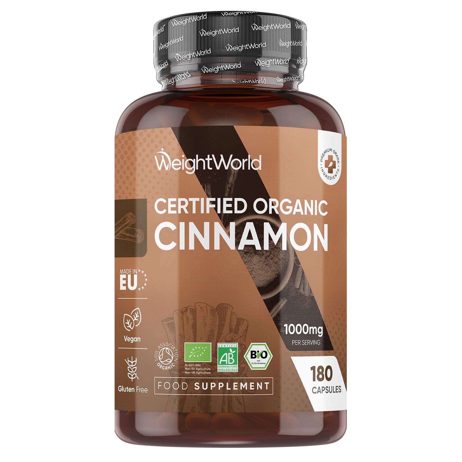 Organic Cinnamon Capsules 1000mg - 180 Capsules - 3 Months Supply - Soil Association Certified Cinnamon Supplement - Source of Polyphenols - Non-GMO, Vegan-Friendly, GMP-Approved & Gluten-Free