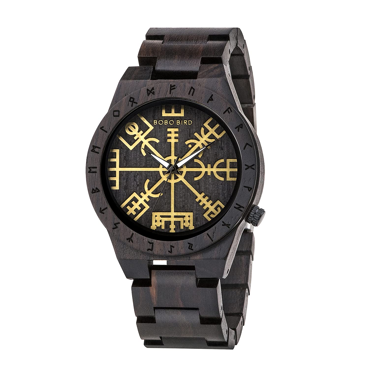 BOBO BIRD Handmade Wooden Mens Watch Unique Runic Circle Watches Golden Symbol of Vegvisir Watches Lightweight Fashion Quartz Wristwatch, brown black, Quartz Movement