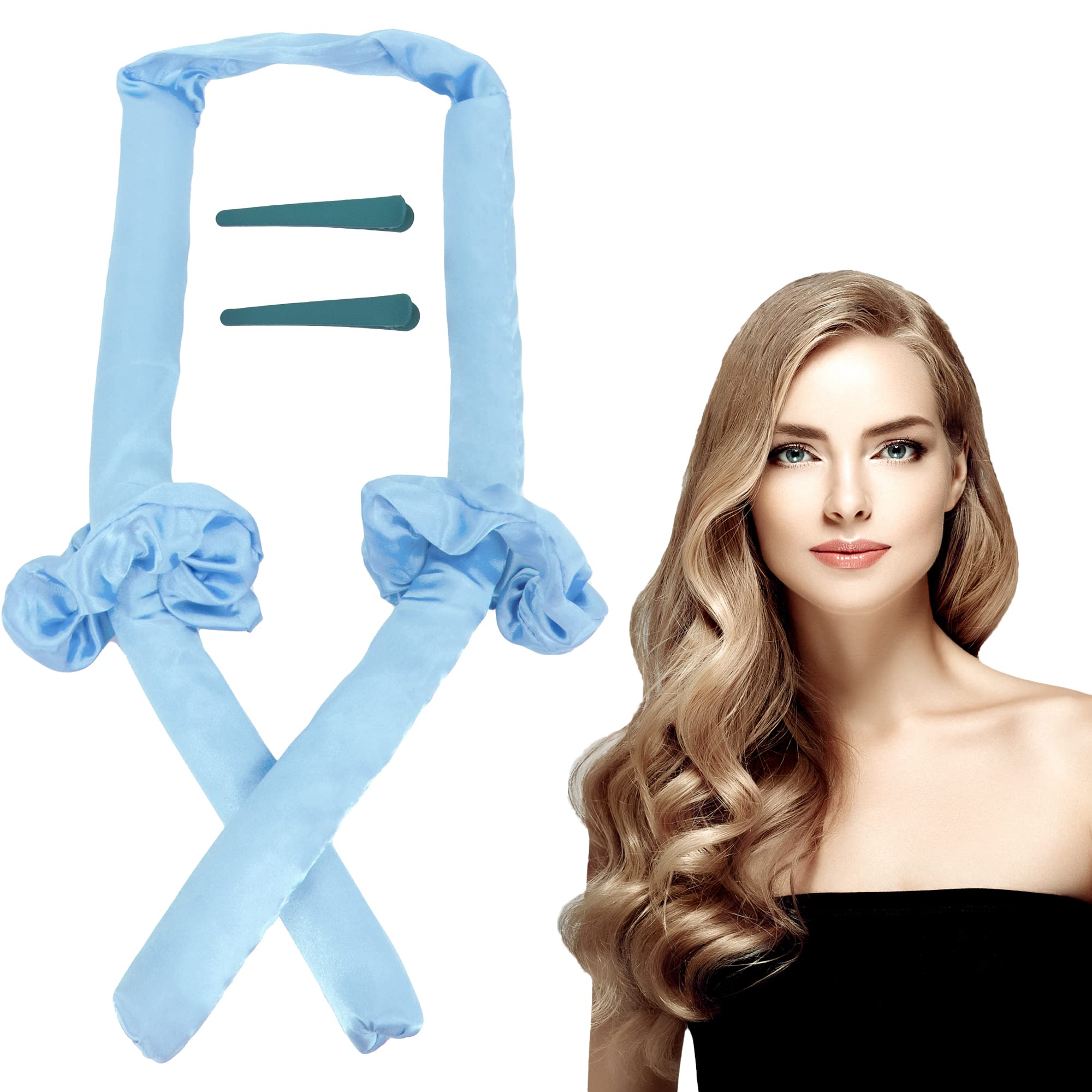 Time to Sparkle 1 SET New Hair Curlers With two ties and two duckbill clips to Sleep In Naturally and No Damage Heatless Curler for Long and Medium Blue